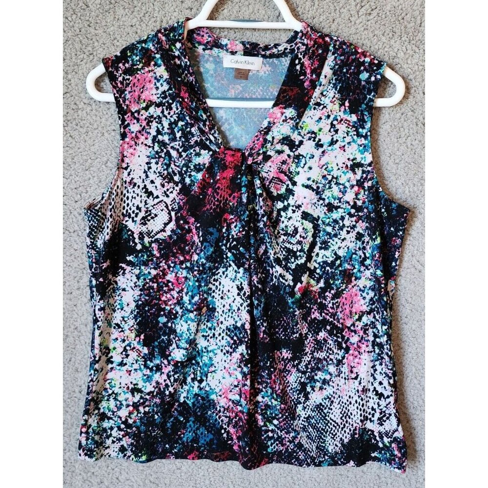 Calvin Klein Women's Knotted V Neck Sleeveless Blouse Top Multicolor Polyester M